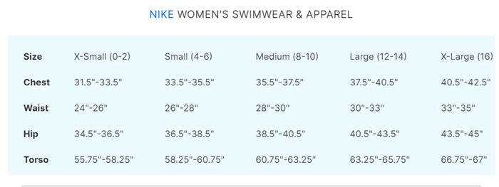 Nike Size Apparel Size Chart